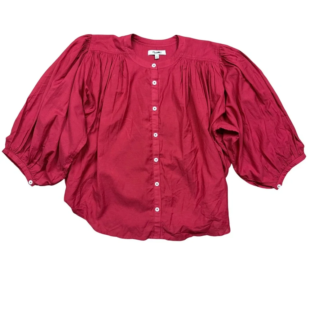 NWT Madewell Women's Cherry Red Balloon-Sleeve Top Blouse XS Boho‎